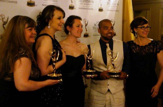 EmmyAwards Patti Mackey, Laurel Lindahl, Lacey Simpson, Kevin Aramburo and Deby Santos are seen after winning regional Emmy awards Saturday night for the Ketchikan Story Project documentary series.