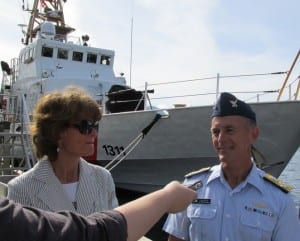 The newly appointed Commandant of the U.S. Coast Guard, Admiral Paul Zukunft, answers questions at the Ketchikan base Wednesday with Sen. Lisa Murkowski. (Megan Petersen photo.)
