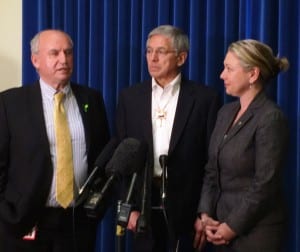 Alaska Lt. Gov. Byron Mallott, center, holds a press conference May 4 with B.C. Mines Minister Bill Bennett and Environment Minister Mary Polak. (Photo courtesy B.C. government)