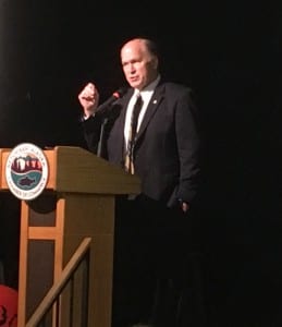 Alaska Gov. Bill Walker speaks to the Ketchikan Chamber Awards Banquet audience on Saturday. (Photo by Leila Kheiry)