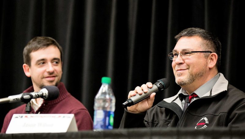 Jason Wilson, right, Central Council of Tlingit and Haida Indian Tribes of Alaska public safety manager, discusses criminal justice reform as legislative aide Jordan Shilling listens during a Native Issues Forum Thursday at Juneau's Elizabeth Peratrovich Hall. (Photo courtesy CCTHITA)