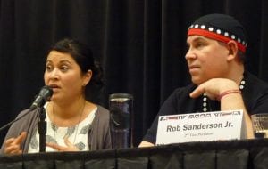 Mines adviser Barbara Blake and tribal leader Rob Sanderson Jr. participate in a forum March 9, 2016, in Juneau. (Photo by Ed Schoenfeld/CoastAlaska News)